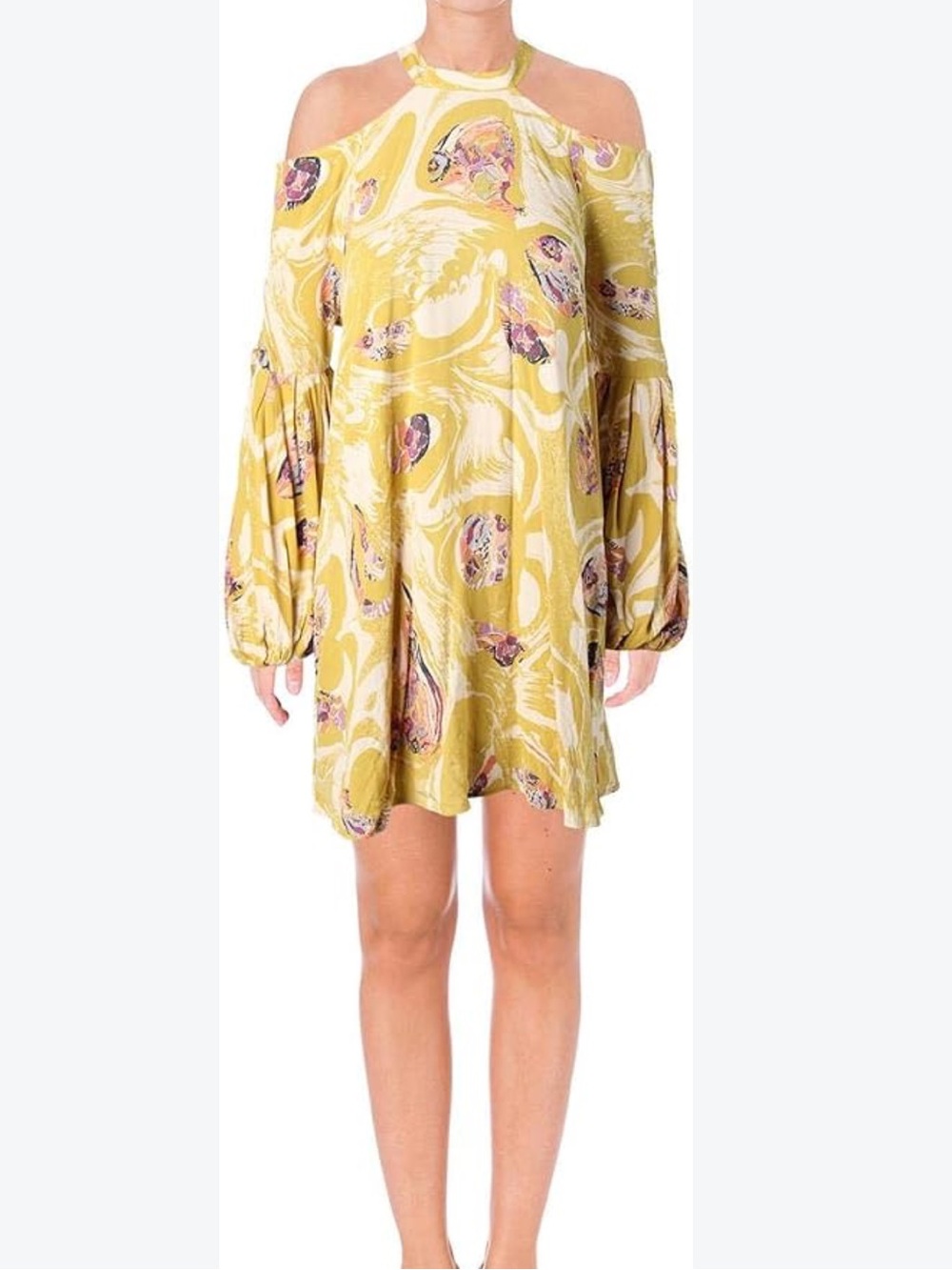 Free People Yellow Paisley Bishop-Sleeve Mini Dress